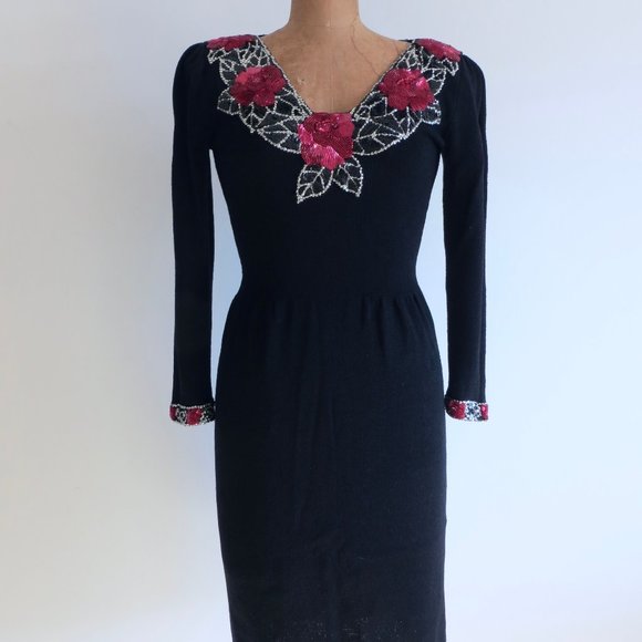 Vintage Don Sayres Black Wool Knit Dress with Sequins Neckline - Holiday Dress - Picture 4 of 9
